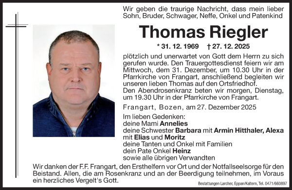 Traueranzeige von Thomas Riegler von Dolomiten