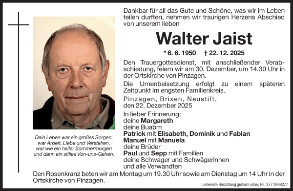 Traueranzeige von Walter Jaist von Dolomiten