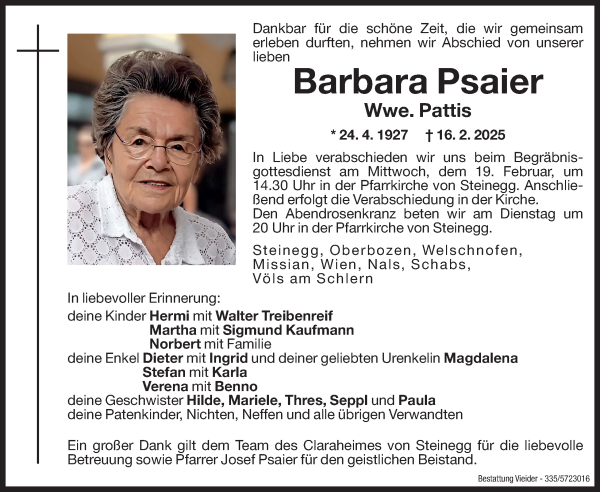 Traueranzeige von Barbara Psaier von Dolomiten