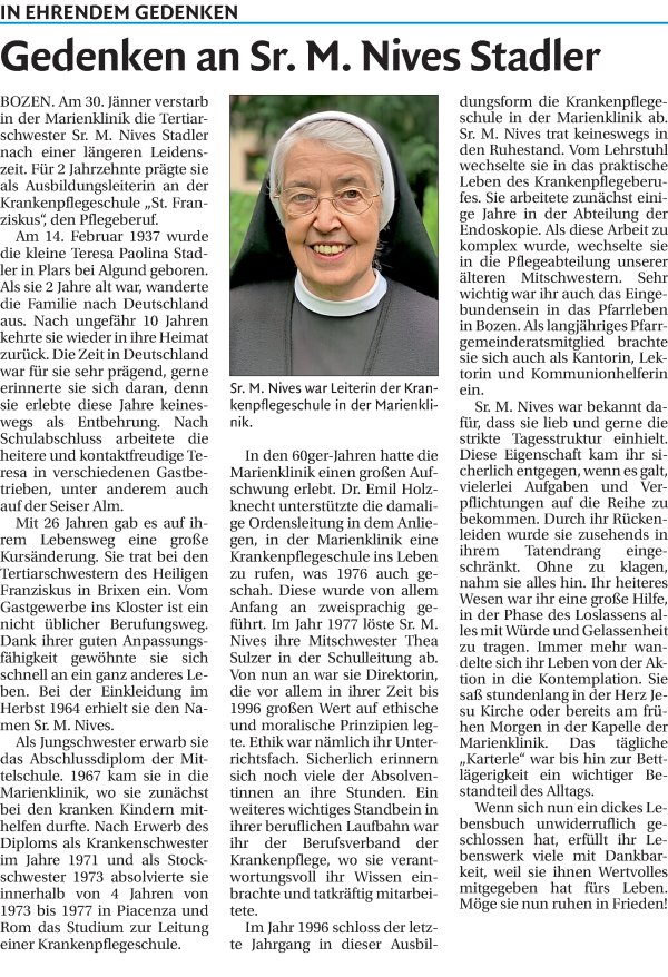 Traueranzeige von Sr. M. Nives Teresa Paolina Stadler von Dolomiten