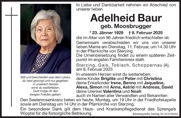 Traueranzeige von Adelheid Baur von Dolomiten
