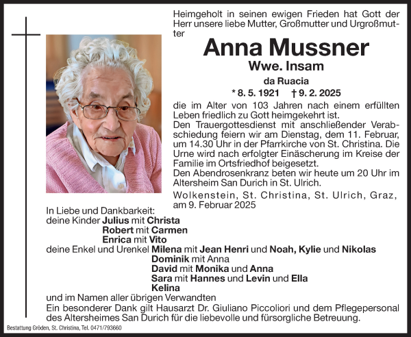 Traueranzeige von Anna Insam von Dolomiten