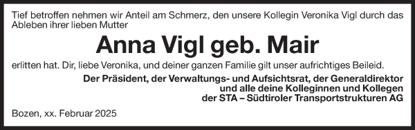Traueranzeige von Anna Vigl von Dolomiten