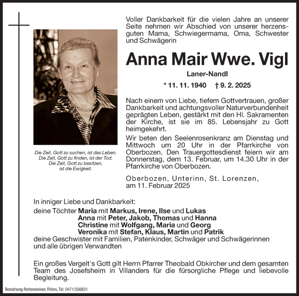Traueranzeige von Anna Vigl von Dolomiten