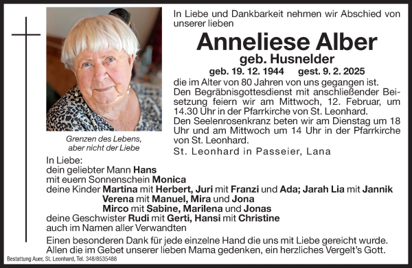 Traueranzeige von Anneliese Alber von Dolomiten