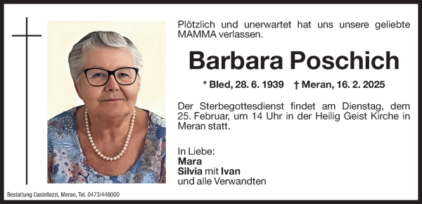 Traueranzeige von Barbara Poschich von Dolomiten