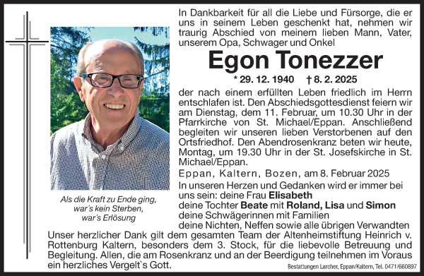 Traueranzeige von Egon Tonezzer von Dolomiten