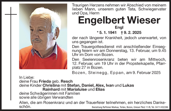 Traueranzeige von Engelbert Wieser von Dolomiten