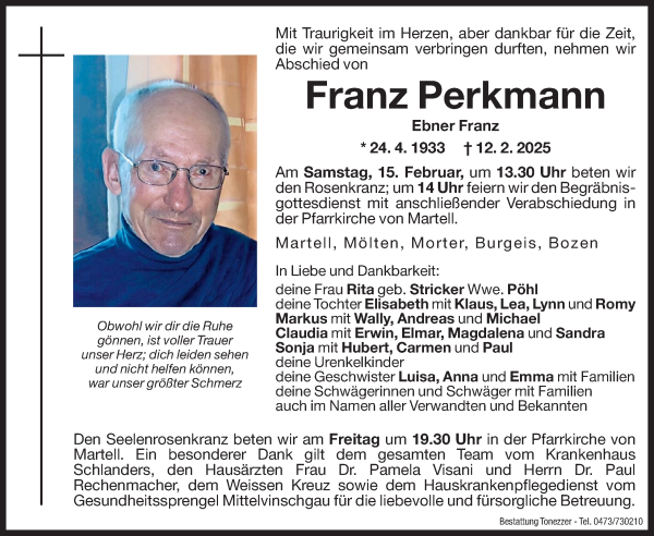 Traueranzeige von Franz Perkmann von Dolomiten