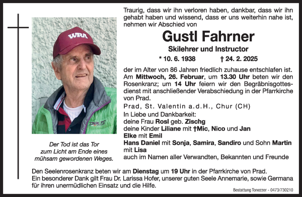 Traueranzeige von Gustl Fahrner von Dolomiten