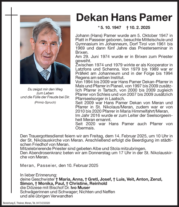 Traueranzeige von Hans Pamer von Dolomiten