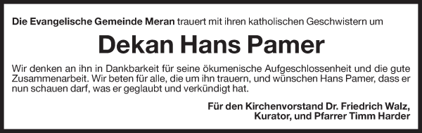 Traueranzeige von Hans Pamer von Dolomiten