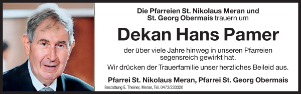 Traueranzeige von Hans Pamer von Dolomiten