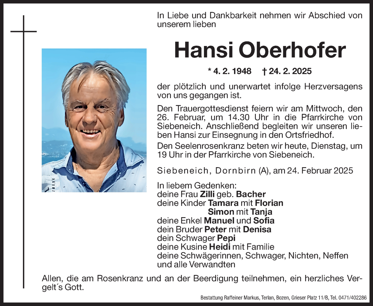  Traueranzeige für Hansi Oberhofer vom 25.02.2025 aus Dolomiten
