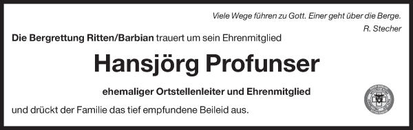 Traueranzeige von Hansjörg Profunser von Dolomiten