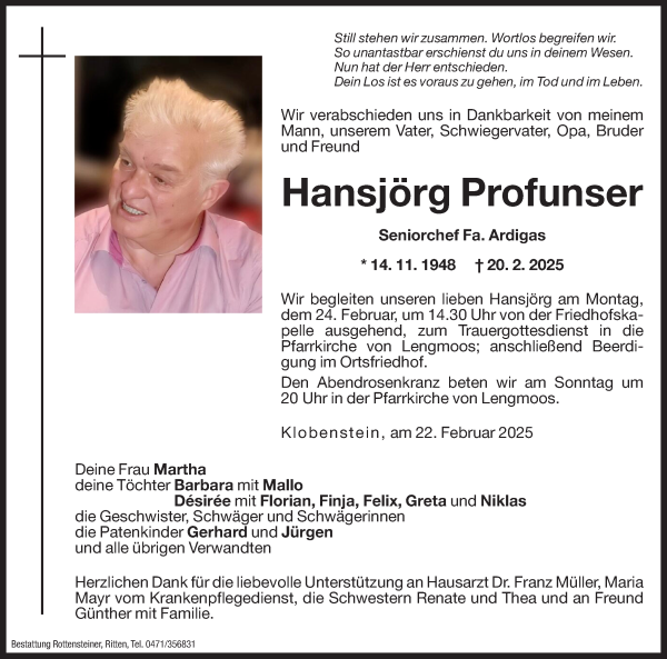 Traueranzeige von Hansjörg Profunser von Dolomiten