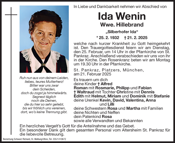 Traueranzeige von Ida Hillebrand von Dolomiten
