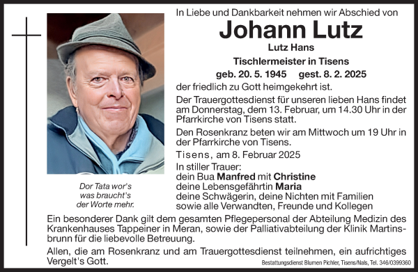 Traueranzeige von Johann Lutz von Dolomiten