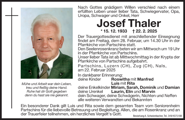 Traueranzeige von Josef Thaler von Dolomiten