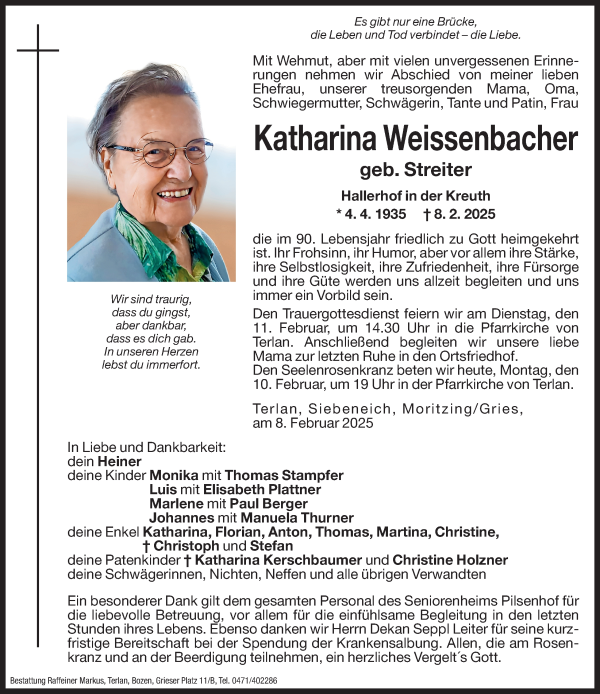 Traueranzeige von Katharina Weissenbacher von Dolomiten