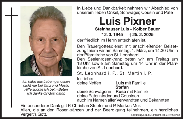 Traueranzeige von Luis Pixner von Dolomiten