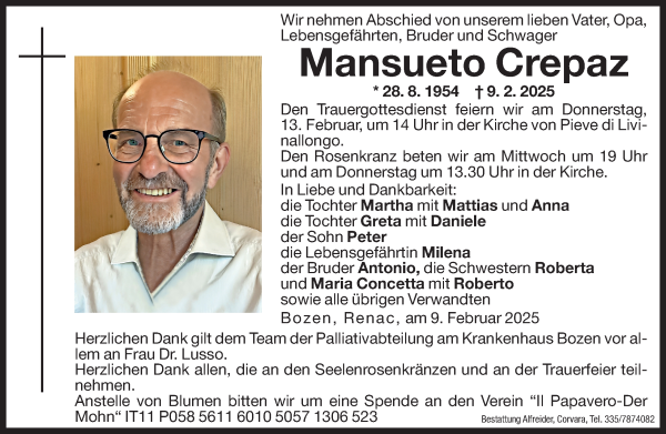 Traueranzeige von Mansueto Crepaz von Dolomiten
