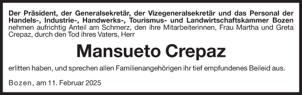 Traueranzeige von Mansueto Crepaz von Dolomiten