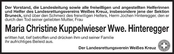 Traueranzeige von Maria Christine Hinteregger von Dolomiten