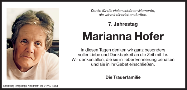 Traueranzeige von Marianna Hofer von Dolomiten