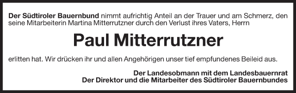 Traueranzeige von Paul Mitterrutzner von Dolomiten