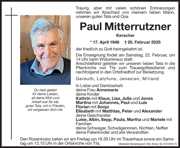 Traueranzeige von Paul Mitterrutzner von Dolomiten