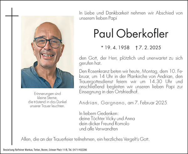Traueranzeige von Paul Oberkofler von Dolomiten
