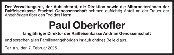 Traueranzeige von Paul Oberkofler von Dolomiten