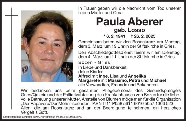 Traueranzeige von Paula Aberer von Dolomiten