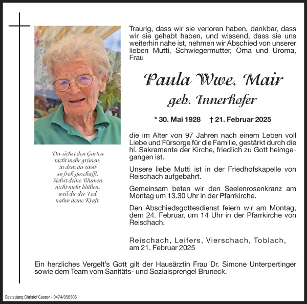 Traueranzeige von Paula Mair von Dolomiten