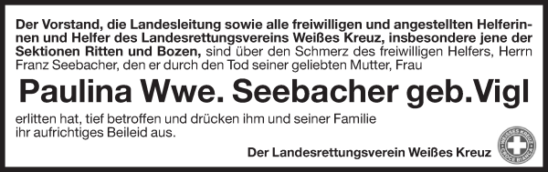 Traueranzeige von Paulina Seebacher von Dolomiten