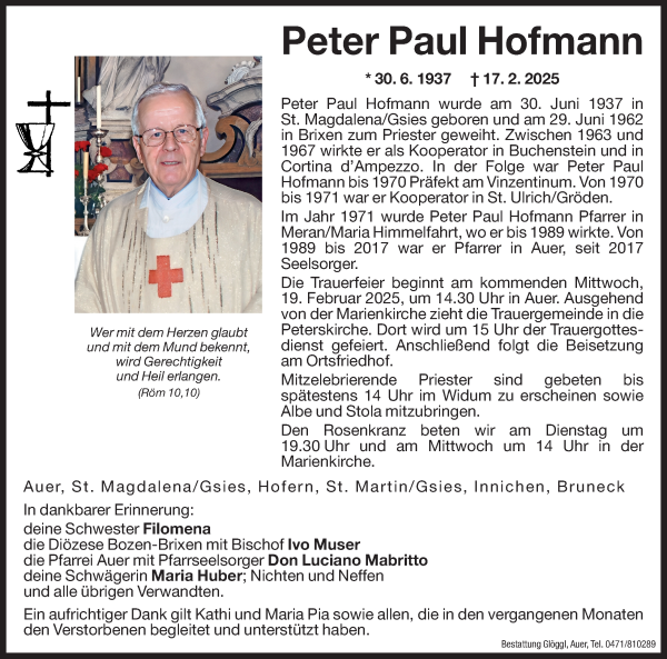 Traueranzeige von Peter Paul Hofmann von Dolomiten