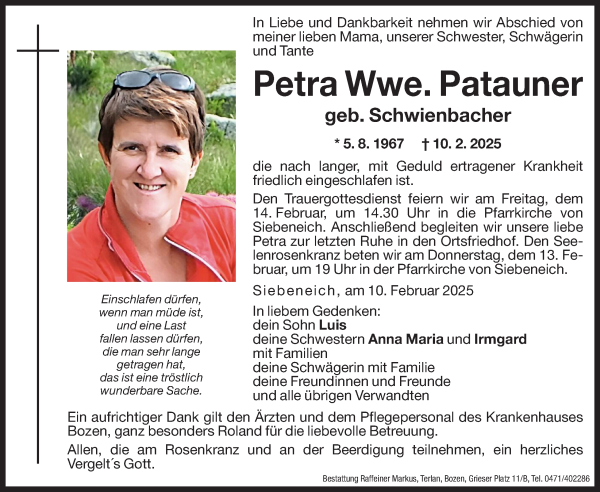 Traueranzeige von Petra Patauner von Dolomiten