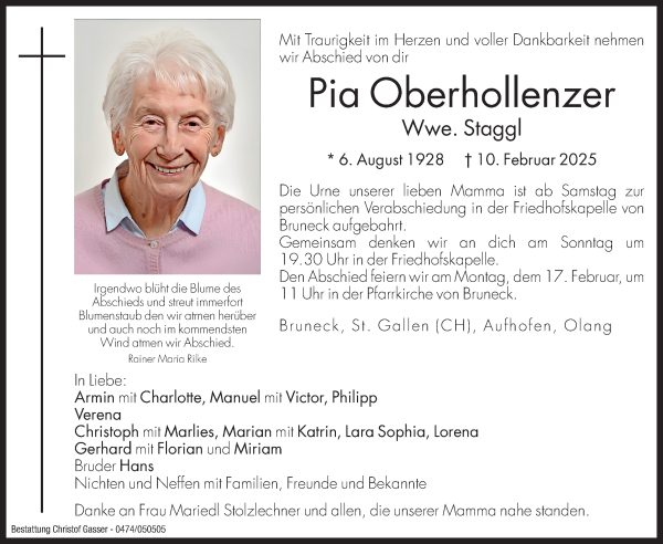 Traueranzeige von Pia Staggl von Dolomiten
