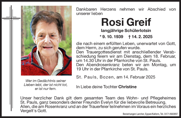 Traueranzeige von Rosi Greif von Dolomiten
