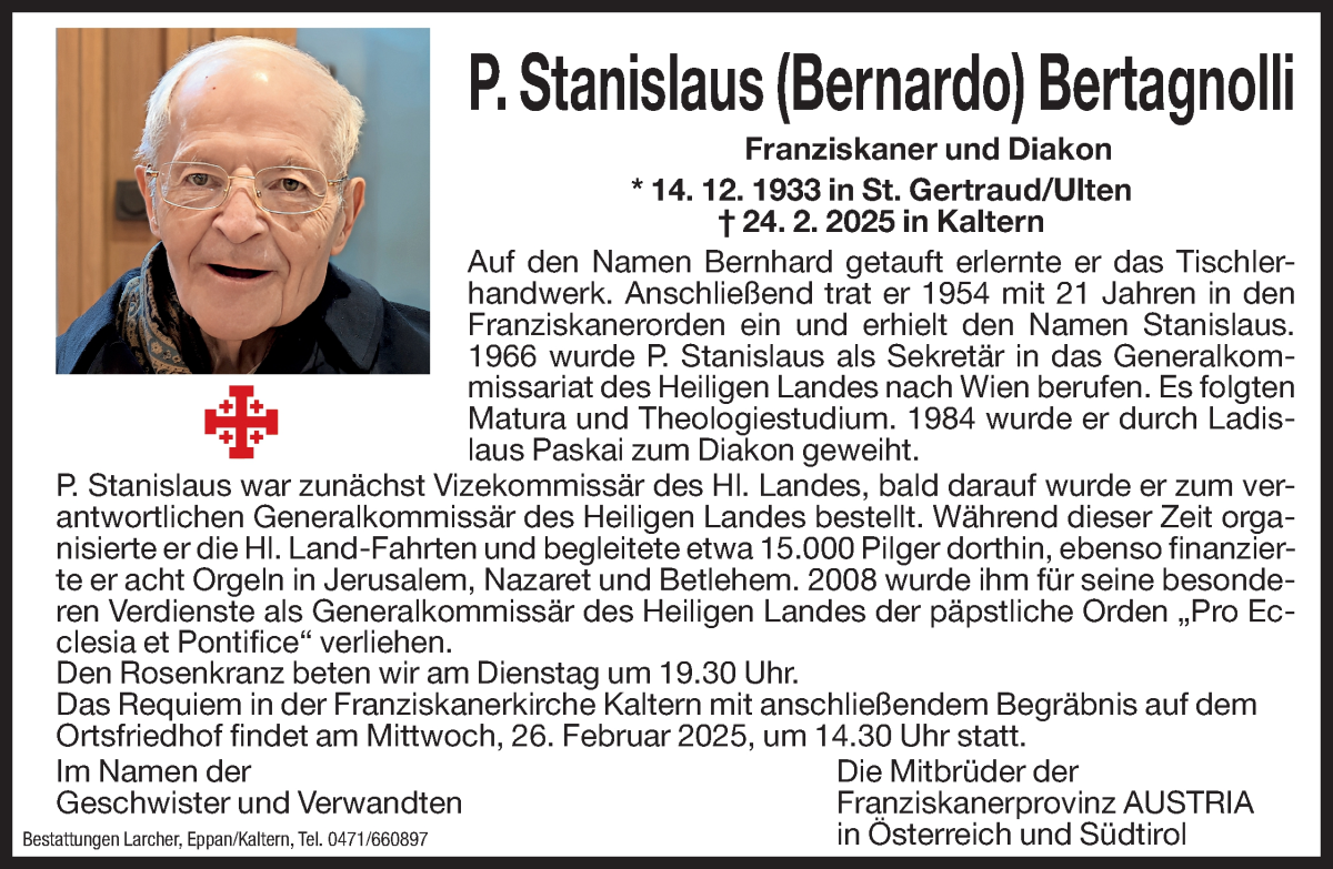  Traueranzeige für Stanislaus (Bernardo) Bertagnolli vom 25.02.2025 aus Dolomiten