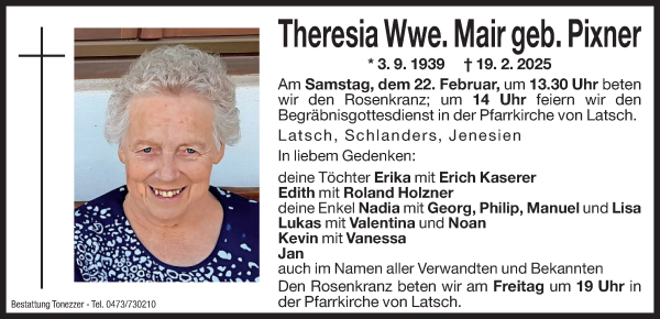 Traueranzeige von Theresia Mair von Dolomiten