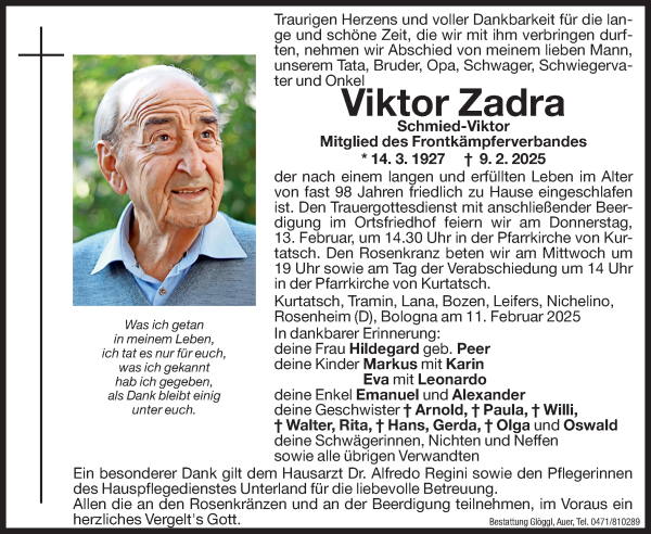 Traueranzeige von Viktor Zadra von Dolomiten