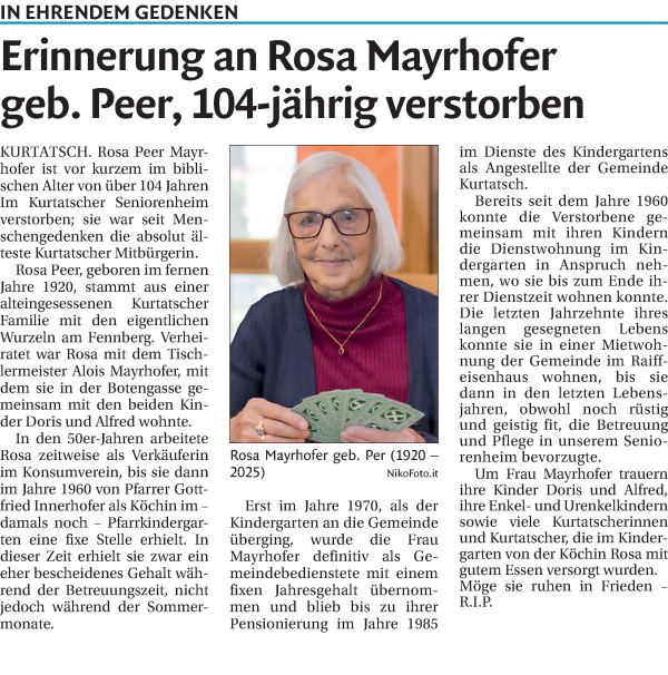 Traueranzeige von Rosa Mayrhofer von Dolomiten