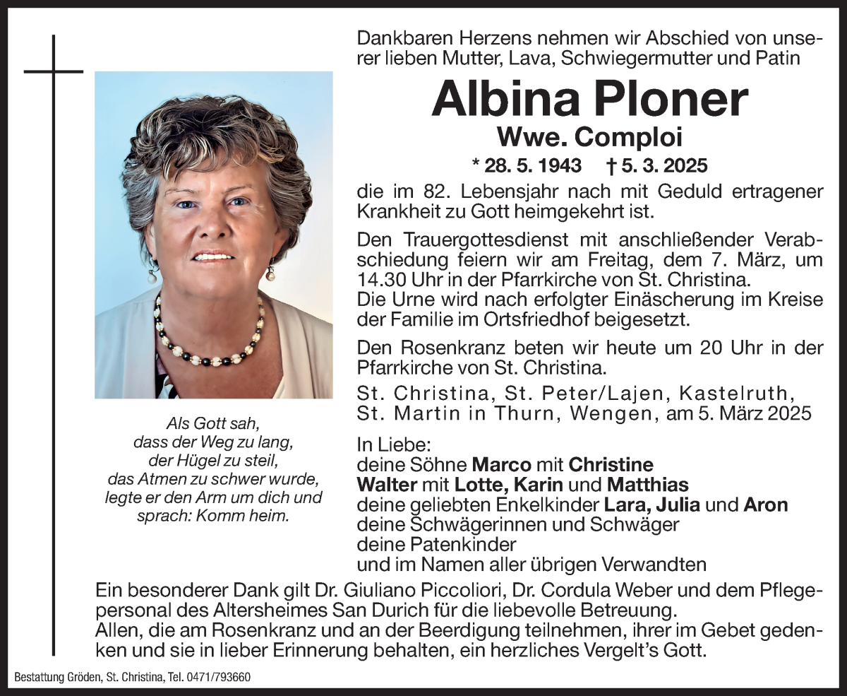  Traueranzeige für Albina Ploner vom 06.03.2025 aus Dolomiten