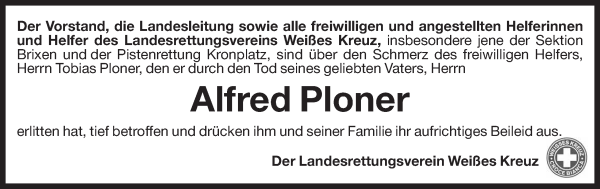Traueranzeige von Alfred Ploner von Dolomiten