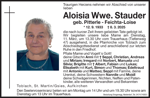 Traueranzeige von Aloisia Stauder von Dolomiten
