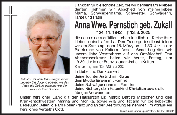Traueranzeige von Anna Pernstich von Dolomiten
