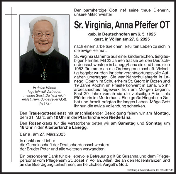 Traueranzeige von Anna Pfeifer von Dolomiten