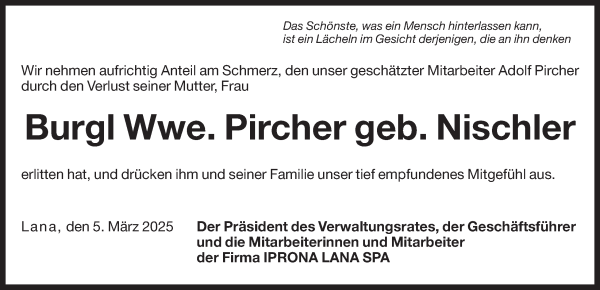 Traueranzeige von Burgl Pircher von Dolomiten